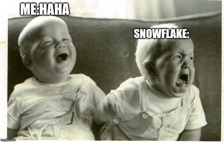  baby laughing baby crying | ME:HAHA SNOWFLAKE: | image tagged in baby laughing baby crying | made w/ Imgflip meme maker