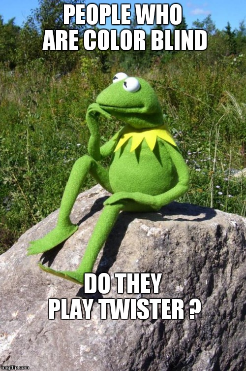 Kermit-thinking | PEOPLE WHO ARE COLOR BLIND; DO THEY PLAY TWISTER ? | image tagged in kermit-thinking | made w/ Imgflip meme maker