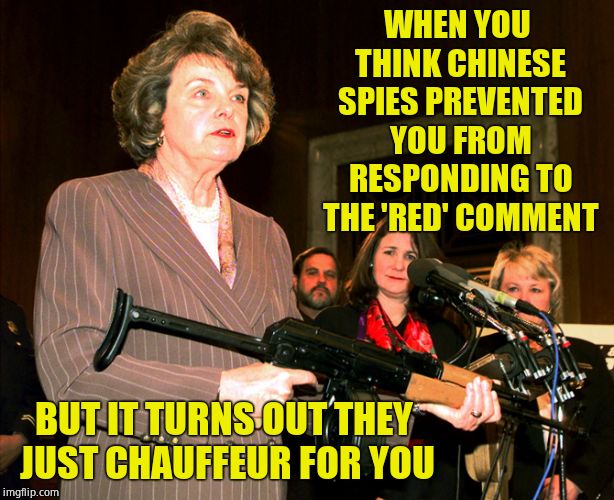 End of the Thread Week | March 7 - 13 | A BeyondTheComments Event | WHEN YOU THINK CHINESE SPIES PREVENTED YOU FROM RESPONDING TO THE 'RED' COMMENT; BUT IT TURNS OUT THEY JUST CHAUFFEUR FOR YOU | image tagged in diane feinstein ak47,btc,beyondthecomments,palringo,endofthread | made w/ Imgflip meme maker