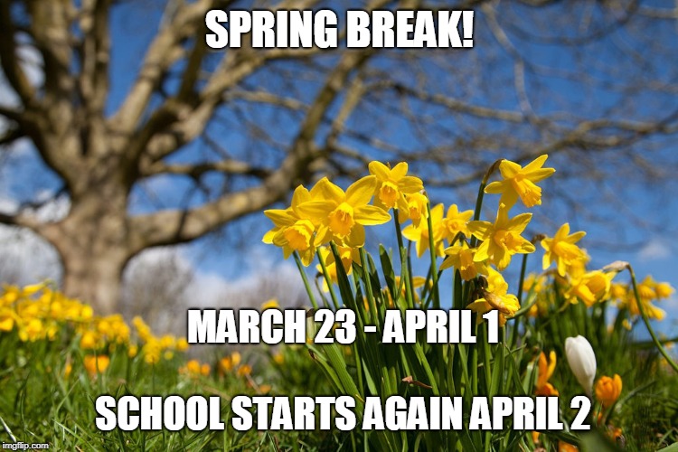 78 Days 'Til Spring! | SPRING BREAK! MARCH 23 - APRIL 1                                                            SCHOOL STARTS AGAIN APRIL 2 | image tagged in 78 days 'til spring | made w/ Imgflip meme maker