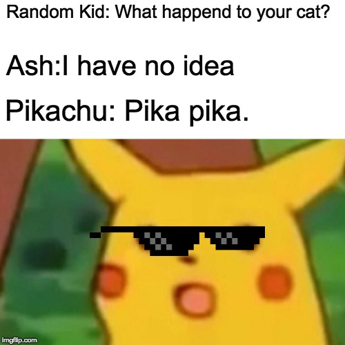 Surprised Pikachu Meme | Random Kid: What happend to your cat? Ash:I have no idea; Pikachu: Pika pika. | image tagged in memes,surprised pikachu | made w/ Imgflip meme maker