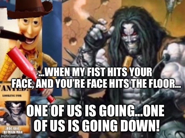 Hey Lobo | ...WHEN MY FIST HITS YOUR FACE, AND YOU’RE FACE HITS THE FLOOR... ONE OF US IS GOING...ONE OF US IS GOING DOWN! | image tagged in hey lobo | made w/ Imgflip meme maker