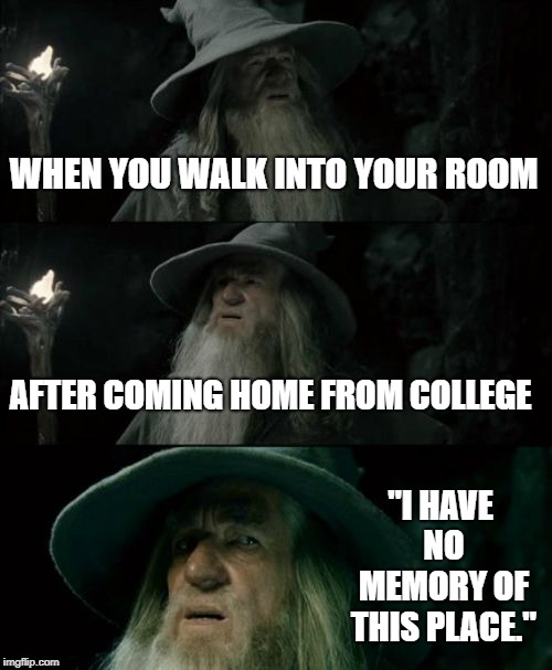 And when your mom is an interior decorator...... | WHEN YOU WALK INTO YOUR ROOM; AFTER COMING HOME FROM COLLEGE; "I HAVE NO MEMORY OF THIS PLACE." | image tagged in memes,confused gandalf | made w/ Imgflip meme maker