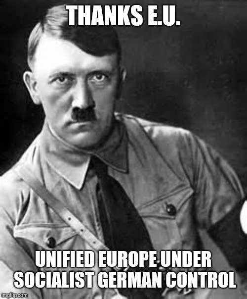 Adolf Hitler | THANKS E.U. UNIFIED EUROPE UNDER SOCIALIST GERMAN CONTROL | image tagged in adolf hitler | made w/ Imgflip meme maker