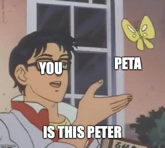 Is This A Pigeon Meme | YOU PETA IS THIS PETER | image tagged in memes,is this a pigeon | made w/ Imgflip meme maker
