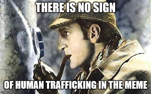 sherlock investigates | THERE IS NO SIGN OF HUMAN TRAFFICKING IN THE MEME | image tagged in sherlock investigates | made w/ Imgflip meme maker