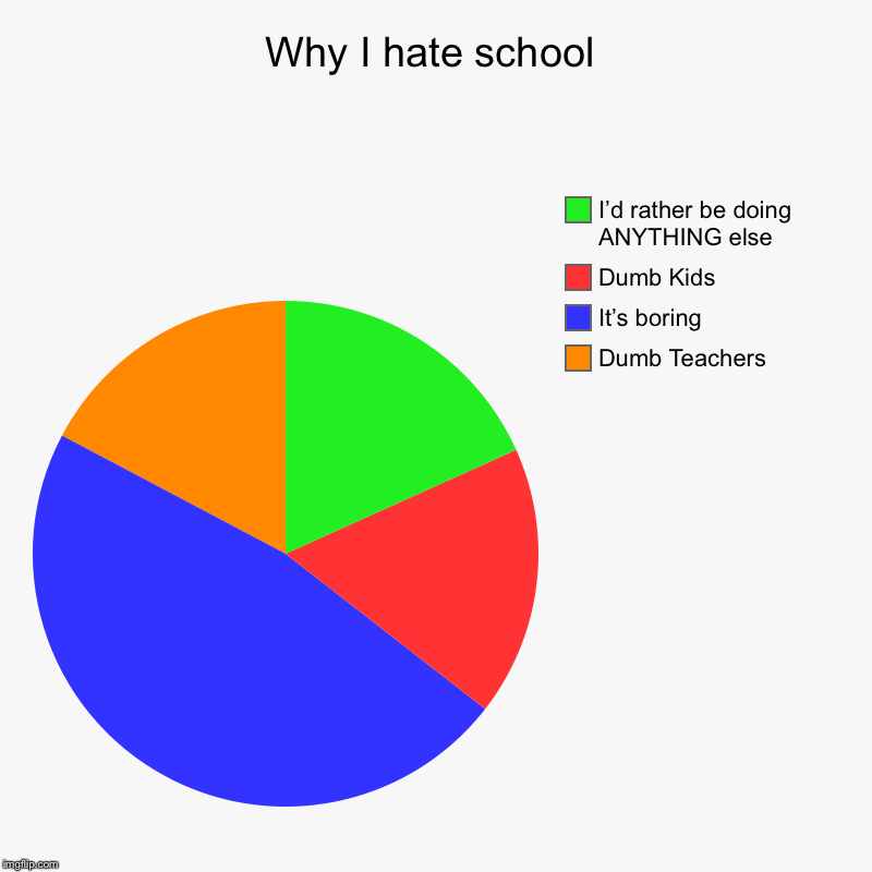 Why I hate school | Dumb Teachers, It’s boring, Dumb Kids, I’d rather be doing ANYTHING else | image tagged in charts,pie charts | made w/ Imgflip chart maker
