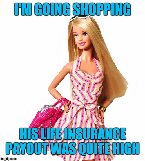 barbie shopping | I'M GOING SHOPPING HIS LIFE INSURANCE PAYOUT WAS QUITE HIGH | image tagged in barbie shopping | made w/ Imgflip meme maker