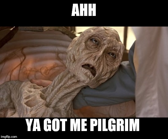 Alien Dying | AHH YA GOT ME PILGRIM | image tagged in alien dying | made w/ Imgflip meme maker