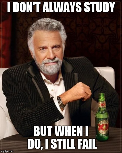 The Most Interesting Man In The World | I DON'T ALWAYS STUDY; BUT WHEN I DO, I STILL FAIL | image tagged in memes,the most interesting man in the world | made w/ Imgflip meme maker