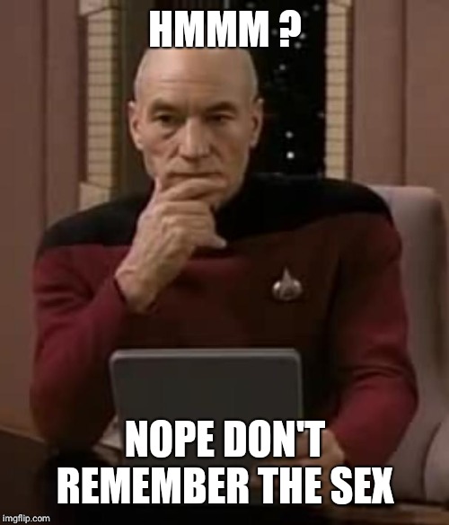 picard thinking | HMMM ? NOPE DON'T REMEMBER THE SEX | image tagged in picard thinking | made w/ Imgflip meme maker