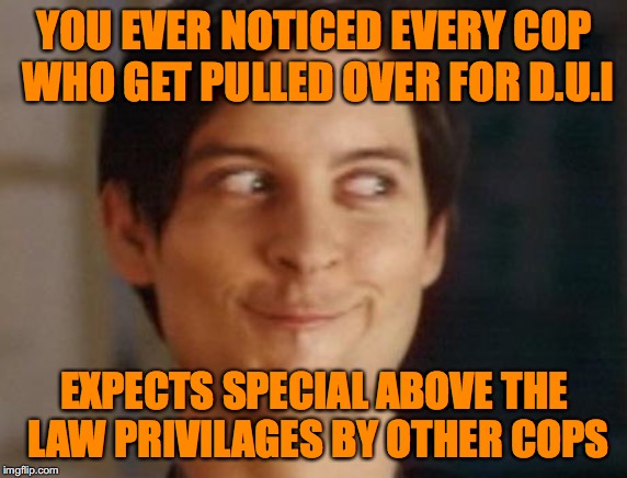 Spiderman Peter Parker Meme | YOU EVER NOTICED EVERY COP WHO GET PULLED OVER FOR D.U.I; EXPECTS SPECIAL ABOVE THE LAW PRIVILAGES BY OTHER COPS | image tagged in memes,spiderman peter parker | made w/ Imgflip meme maker