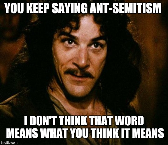 Inigo Montoya Meme | YOU KEEP SAYING ANT-SEMITISM I DON'T THINK THAT WORD MEANS WHAT YOU THINK IT MEANS | image tagged in memes,inigo montoya | made w/ Imgflip meme maker