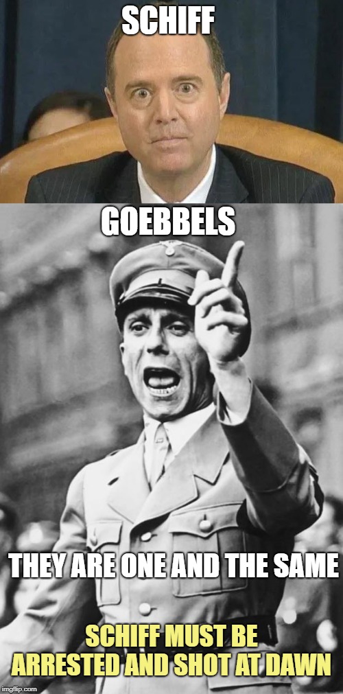 SCHIFF; GOEBBELS; THEY ARE ONE AND THE SAME; SCHIFF MUST BE ARRESTED AND SHOT AT DAWN | image tagged in goebbels,schiff scare stare | made w/ Imgflip meme maker