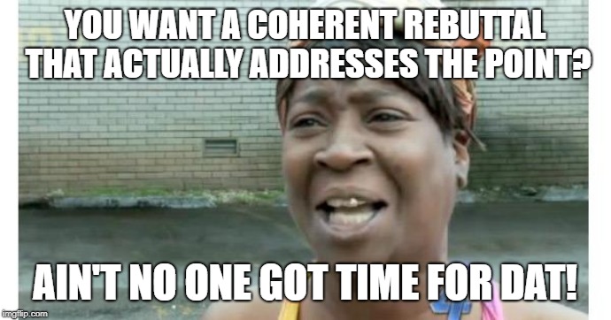 ain't nobody got time for that | YOU WANT A COHERENT REBUTTAL THAT ACTUALLY ADDRESSES THE POINT? AIN'T NO ONE GOT TIME FOR DAT! | image tagged in ain't nobody got time for that | made w/ Imgflip meme maker