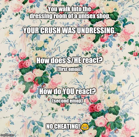 Accidental View | You walk into the dressing room of a unisex shop. YOUR CRUSH WAS UNDRESSING. How does S/HE react? (first emoji); How do YOU react? (second emoji); NO CHEATING! 😁 | image tagged in what if,embarrassing,curious,emoji | made w/ Imgflip meme maker