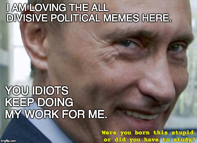 I AM LOVING THE ALL DIVISIVE POLITICAL MEMES HERE. YOU IDIOTS KEEP DOING MY WORK FOR ME. Were you born this stupid or did you have to study? | image tagged in putin knows who is really winning | made w/ Imgflip meme maker