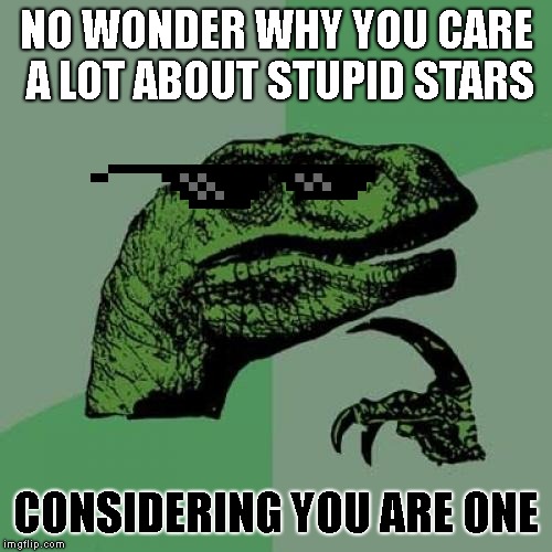 OOFERS! YOU GOT ROASTED! | NO WONDER WHY YOU CARE A LOT ABOUT STUPID STARS; CONSIDERING YOU ARE ONE | image tagged in memes,philosoraptor | made w/ Imgflip meme maker