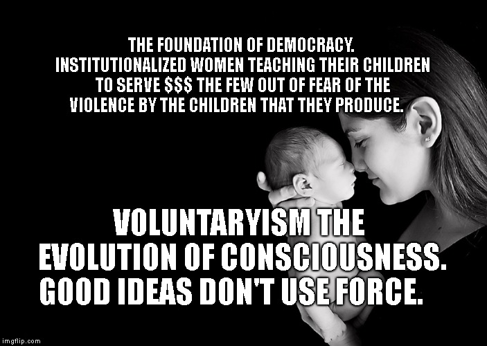 Mother and Baby | THE FOUNDATION OF DEMOCRACY. INSTITUTIONALIZED WOMEN TEACHING THEIR CHILDREN TO SERVE $$$ THE FEW OUT OF FEAR OF THE VIOLENCE BY THE CHILDREN THAT THEY PRODUCE. VOLUNTARYISM THE EVOLUTION OF CONSCIOUSNESS. GOOD IDEAS DON'T USE FORCE. | image tagged in mother and baby | made w/ Imgflip meme maker