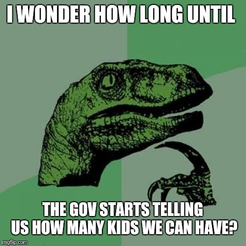 Philosoraptor | I WONDER HOW LONG UNTIL; THE GOV STARTS TELLING US HOW MANY KIDS WE CAN HAVE? | image tagged in memes,philosoraptor | made w/ Imgflip meme maker