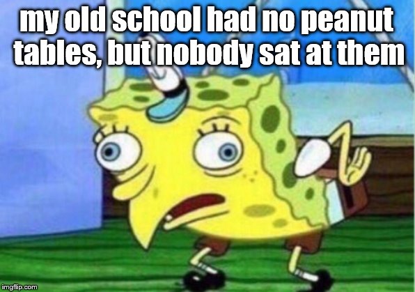 Mocking Spongebob Meme | my old school had no peanut tables, but nobody sat at them | image tagged in memes,mocking spongebob | made w/ Imgflip meme maker