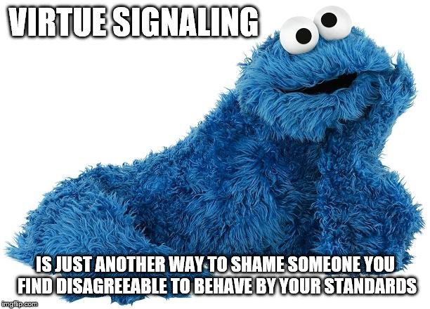 Cookie Monster | VIRTUE SIGNALING IS JUST ANOTHER WAY TO SHAME SOMEONE YOU FIND DISAGREEABLE TO BEHAVE BY YOUR STANDARDS | image tagged in cookie monster | made w/ Imgflip meme maker