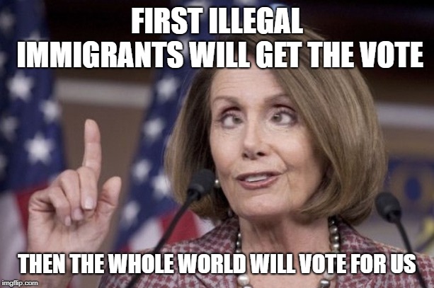 Nancy pelosi | FIRST ILLEGAL IMMIGRANTS WILL GET THE VOTE; THEN THE WHOLE WORLD WILL VOTE FOR US | image tagged in nancy pelosi | made w/ Imgflip meme maker