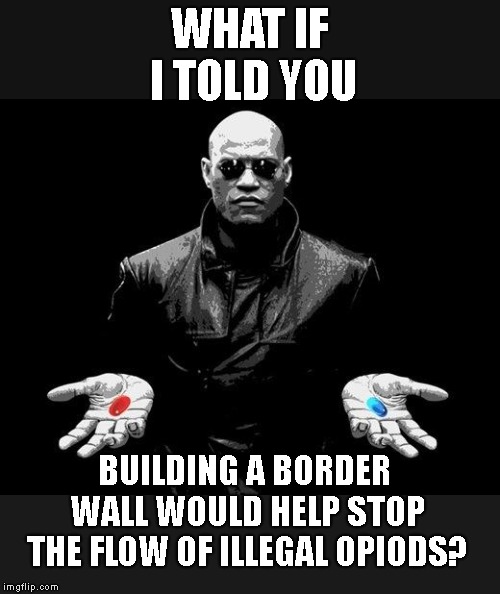 This Will Be A Problem For Arguing AGAINST A Border Wall When America Figures This Out ! | WHAT IF I TOLD YOU; BUILDING A BORDER WALL WOULD HELP STOP THE FLOW OF ILLEGAL OPIODS? | image tagged in matrix morpheus offer,border wall,illegal opiod use,more people die from opiod overdoses than from car crashes now,trump 2020 | made w/ Imgflip meme maker