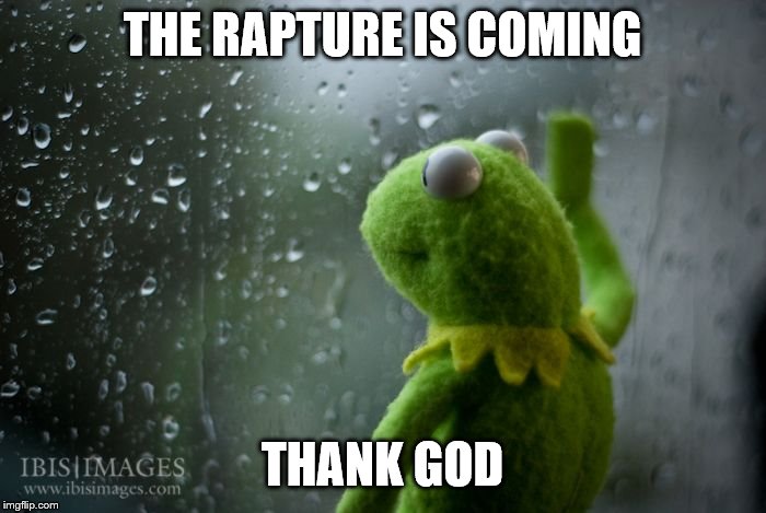 kermit window | THE RAPTURE IS COMING THANK GOD | image tagged in kermit window | made w/ Imgflip meme maker