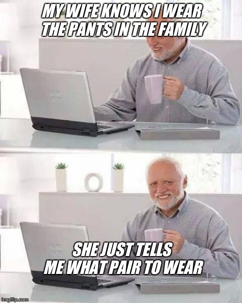 Hide the Pain Harold | MY WIFE KNOWS I WEAR THE PANTS IN THE FAMILY; SHE JUST TELLS ME WHAT PAIR TO WEAR | image tagged in memes,hide the pain harold | made w/ Imgflip meme maker