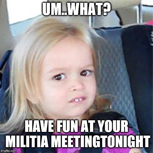 Confused Little Girl | UM..WHAT? HAVE FUN AT YOUR MILITIA MEETINGTONIGHT | image tagged in confused little girl | made w/ Imgflip meme maker