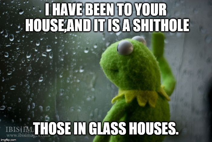 kermit window | I HAVE BEEN TO YOUR HOUSE,AND IT IS A SHITHOLE THOSE IN GLASS HOUSES. | image tagged in kermit window | made w/ Imgflip meme maker