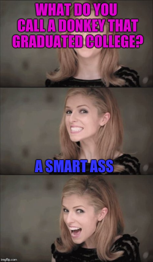 Ayy!! | WHAT DO YOU CALL A DONKEY THAT GRADUATED COLLEGE? A SMART ASS | image tagged in memes,bad pun anna kendrick,donkey,ass,funny | made w/ Imgflip meme maker
