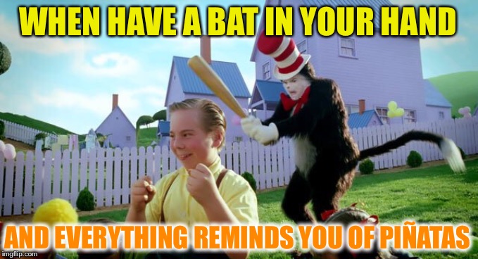 It’s ‘beaner’ hard day. | WHEN HAVE A BAT IN YOUR HAND; AND EVERYTHING REMINDS YOU OF PIÑATAS | image tagged in cat  the hat,piata,baseball bat,smashy smashy,beating | made w/ Imgflip meme maker