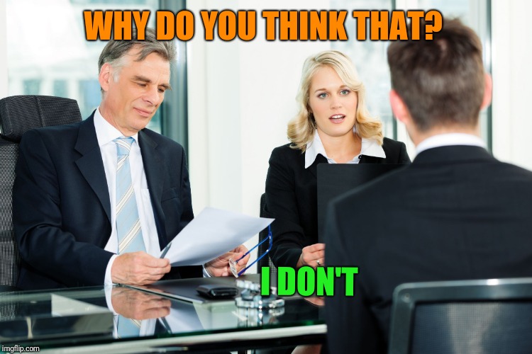 job interview | WHY DO YOU THINK THAT? I DON'T | image tagged in job interview | made w/ Imgflip meme maker