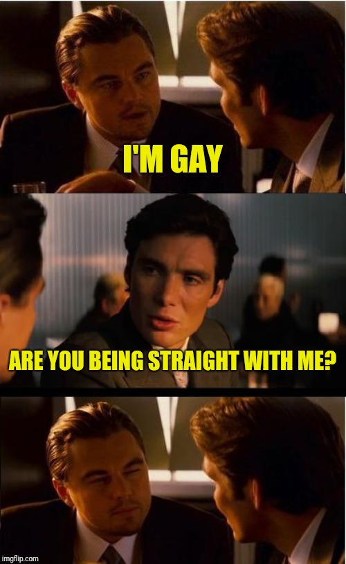 No insult to the gay community | I'M GAY; ARE YOU BEING STRAIGHT WITH ME? | image tagged in memes,inception | made w/ Imgflip meme maker