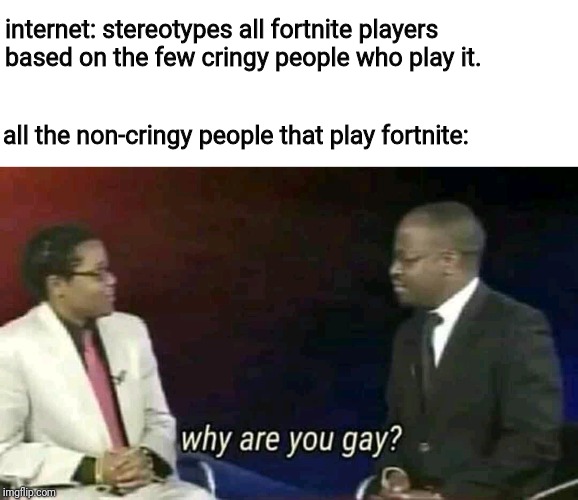 we're not all bad. stop the stereotypes. | internet: stereotypes all fortnite players based on the few cringy people who play it. all the non-cringy people that play fortnite: | image tagged in why are you gay,fortnite | made w/ Imgflip meme maker