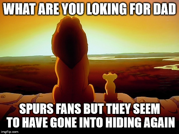 Lion King Meme | WHAT ARE YOU LOKING FOR DAD; SPURS FANS BUT THEY SEEM TO HAVE GONE INTO HIDING AGAIN | image tagged in memes,lion king | made w/ Imgflip meme maker