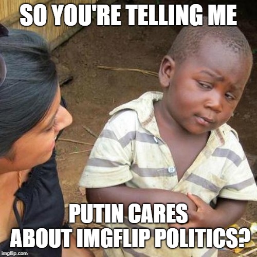 Third World Skeptical Kid Meme | SO YOU'RE TELLING ME PUTIN CARES ABOUT IMGFLIP POLITICS? | image tagged in memes,third world skeptical kid | made w/ Imgflip meme maker