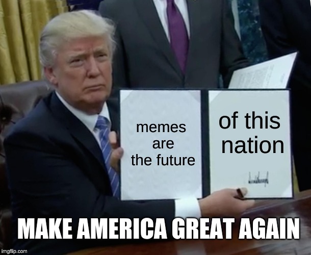 Trump Bill Signing Meme | memes are the future; of this nation; MAKE AMERICA GREAT AGAIN | image tagged in memes,trump bill signing | made w/ Imgflip meme maker