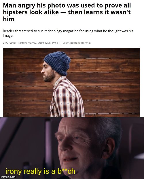 irony really is a b**ch | image tagged in palpatine ironic | made w/ Imgflip meme maker