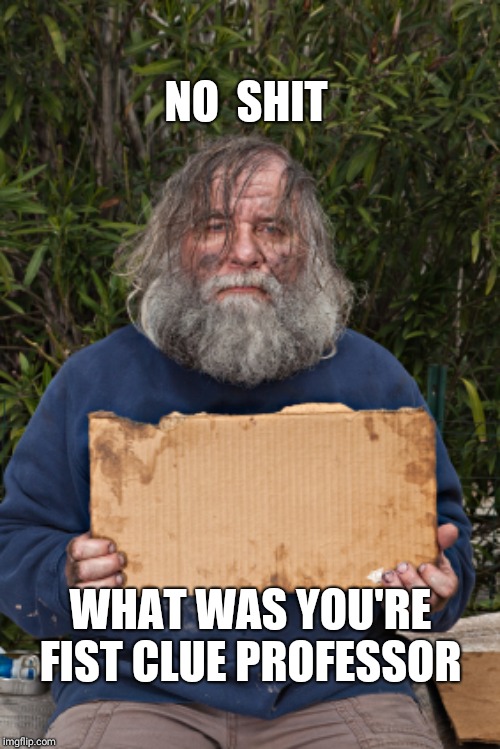 Blak Homeless Sign | NO  SHIT WHAT WAS YOU'RE FIST CLUE PROFESSOR | image tagged in blak homeless sign | made w/ Imgflip meme maker