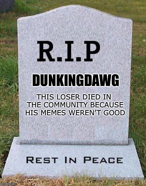 RIP headstone | DUNKINGDAWG THIS LOSER DIED IN THE COMMUNITY BECAUSE HIS MEMES WEREN’T GOOD | image tagged in rip headstone | made w/ Imgflip meme maker
