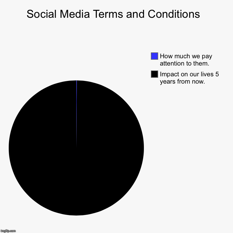 Social Media Terms and Conditions  | Impact on our lives 5 years from now., How much we pay attention to them. | image tagged in charts,pie charts | made w/ Imgflip chart maker