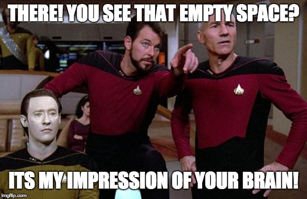 me and my friends be like... | THERE! YOU SEE THAT EMPTY SPACE? ITS MY IMPRESSION OF YOUR BRAIN! | image tagged in pointy riker | made w/ Imgflip meme maker