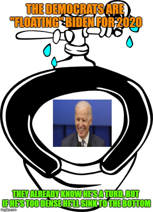 Democrat turd dunking | THE DEMOCRATS ARE "FLOATING" BIDEN FOR 2020; THEY ALREADY KNOW HE'S A TURD, BUT IF HE'S TOO DENSE HE'LL SINK TO THE BOTTOM | image tagged in democrats,joe biden,presidential race | made w/ Imgflip meme maker