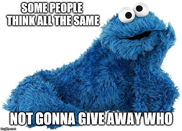 Cookie Monster | SOME PEOPLE THINK ALL THE SAME NOT GONNA GIVE AWAY WHO | image tagged in cookie monster | made w/ Imgflip meme maker