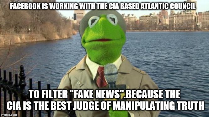 Kermit News Report | FACEBOOK IS WORKING WITH THE CIA BASED ATLANTIC COUNCIL TO FILTER "FAKE NEWS".BECAUSE THE CIA IS THE BEST JUDGE OF MANIPULATING TRUTH | image tagged in kermit news report | made w/ Imgflip meme maker