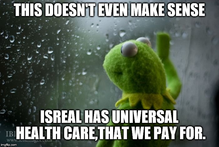 kermit window | THIS DOESN'T EVEN MAKE SENSE ISREAL HAS UNIVERSAL HEALTH CARE,THAT WE PAY FOR. | image tagged in kermit window | made w/ Imgflip meme maker