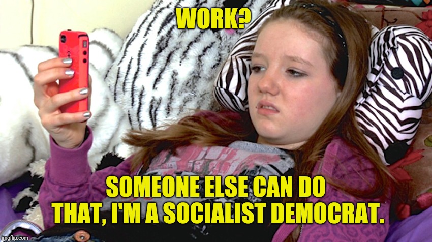 lazy millennials | WORK? SOMEONE ELSE CAN DO THAT, I'M A SOCIALIST DEMOCRAT. | image tagged in lazy millennials | made w/ Imgflip meme maker